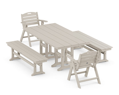 POLYWOOD® Nautical Lowback 5-Piece Farmhouse Dining Set with Benches in Sand