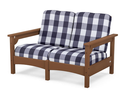 POLYWOOD® Club Loveseat in Teak / Buffalo Plaid Navy