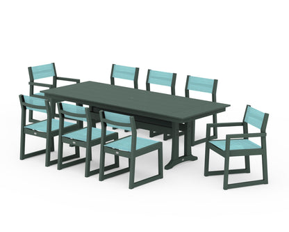 POLYWOOD® EDGE Sling 9-Piece Farmhouse Trestle Dining Set in Green / Dupioni Aquamarine Sling
