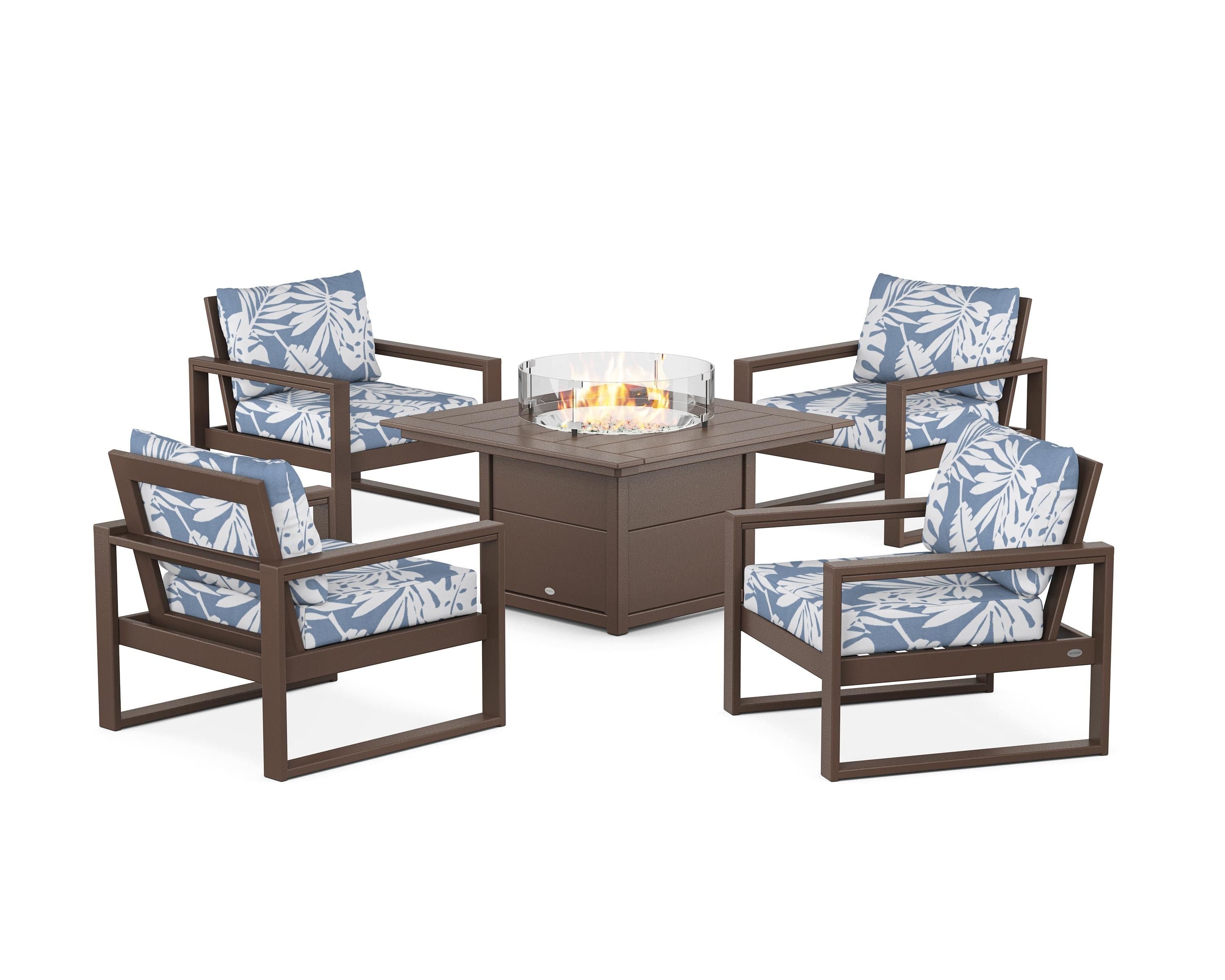 POLYWOOD® EDGE Sectional 5-Piece Deep Seating Set with Fire Pit Table in Mahogany / Leaf Sky Blue