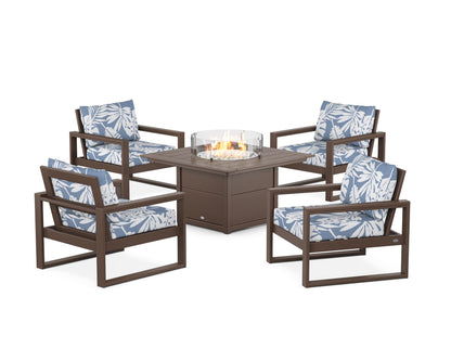 POLYWOOD® EDGE Sectional 5-Piece Deep Seating Set with Fire Pit Table in Mahogany / Leaf Sky Blue