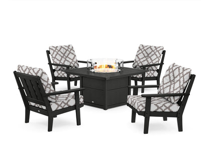 POLYWOOD® Oxford 5-Piece Deep Seating Set with Fire Pit Table in Black / Trellis Grey Mist