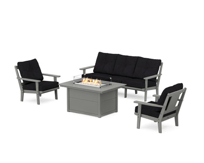 POLYWOOD® Prairie Deep Seating Fire Pit Table Set in Slate Grey / Midnight Linen