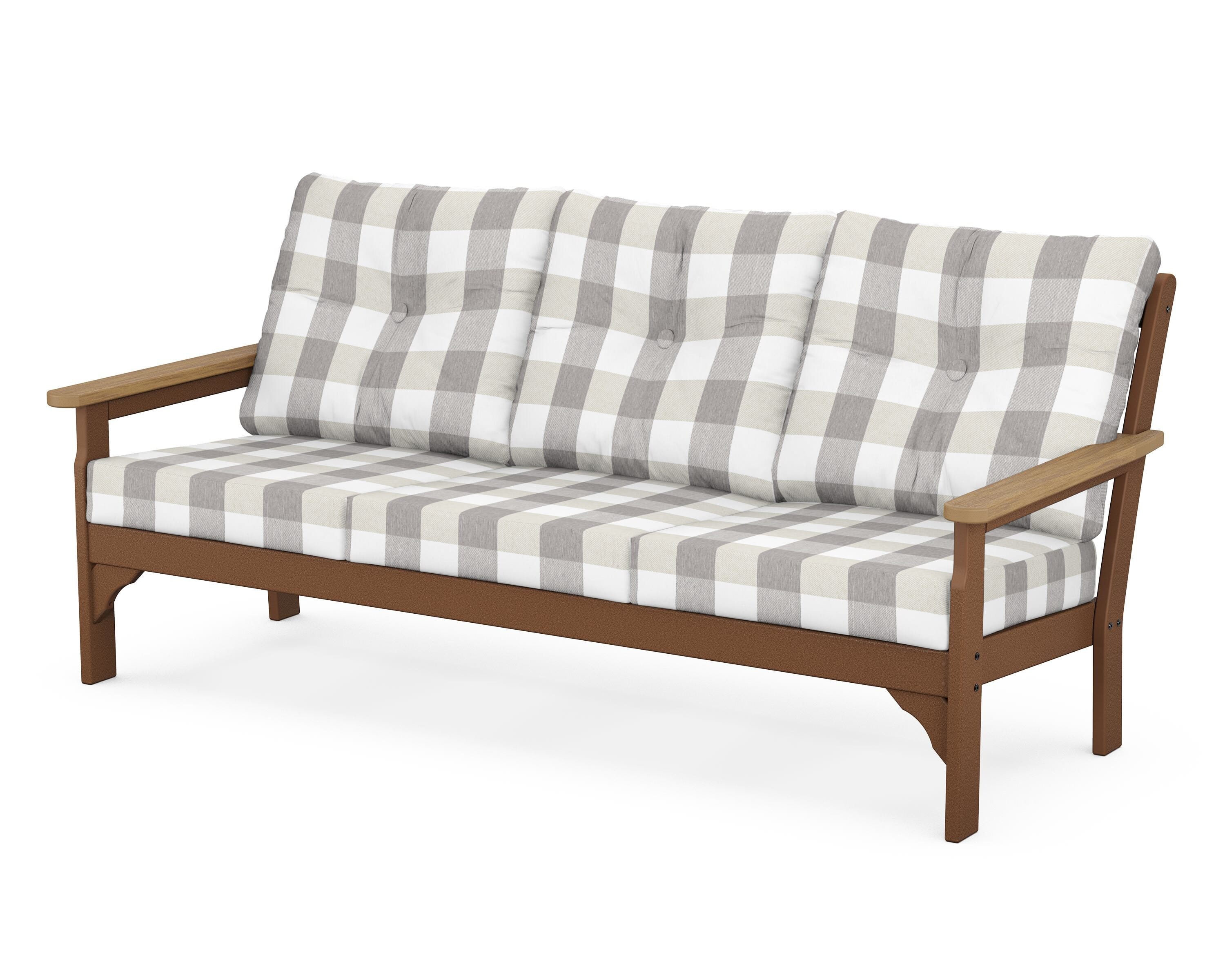 POLYWOOD® Vineyard Deep Seating Sofa in Teak / Natural / Buffalo Plaid Grey Mist