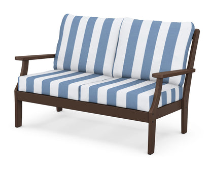 POLYWOOD® Braxton Deep Seating Loveseat in Mahogany / Cabana Stripe Sky Blue