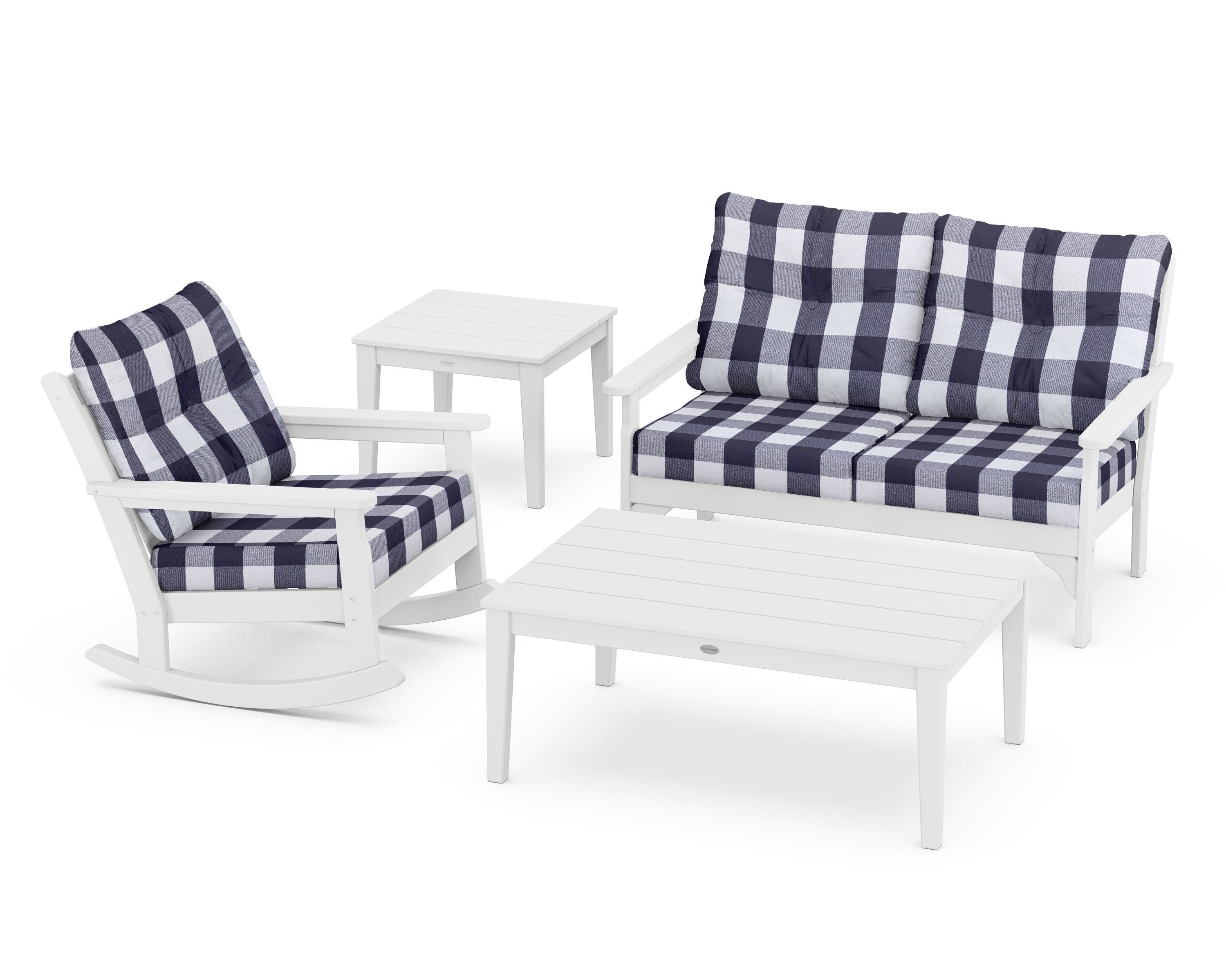 POLYWOOD® Vineyard 4-Piece Deep Seating Rocker Set in White / Buffalo Plaid Navy