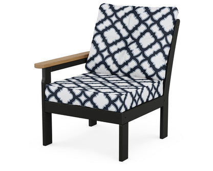 POLYWOOD® Vineyard Modular Left Arm Chair in Black / Natural / Trellis Marine Indigo