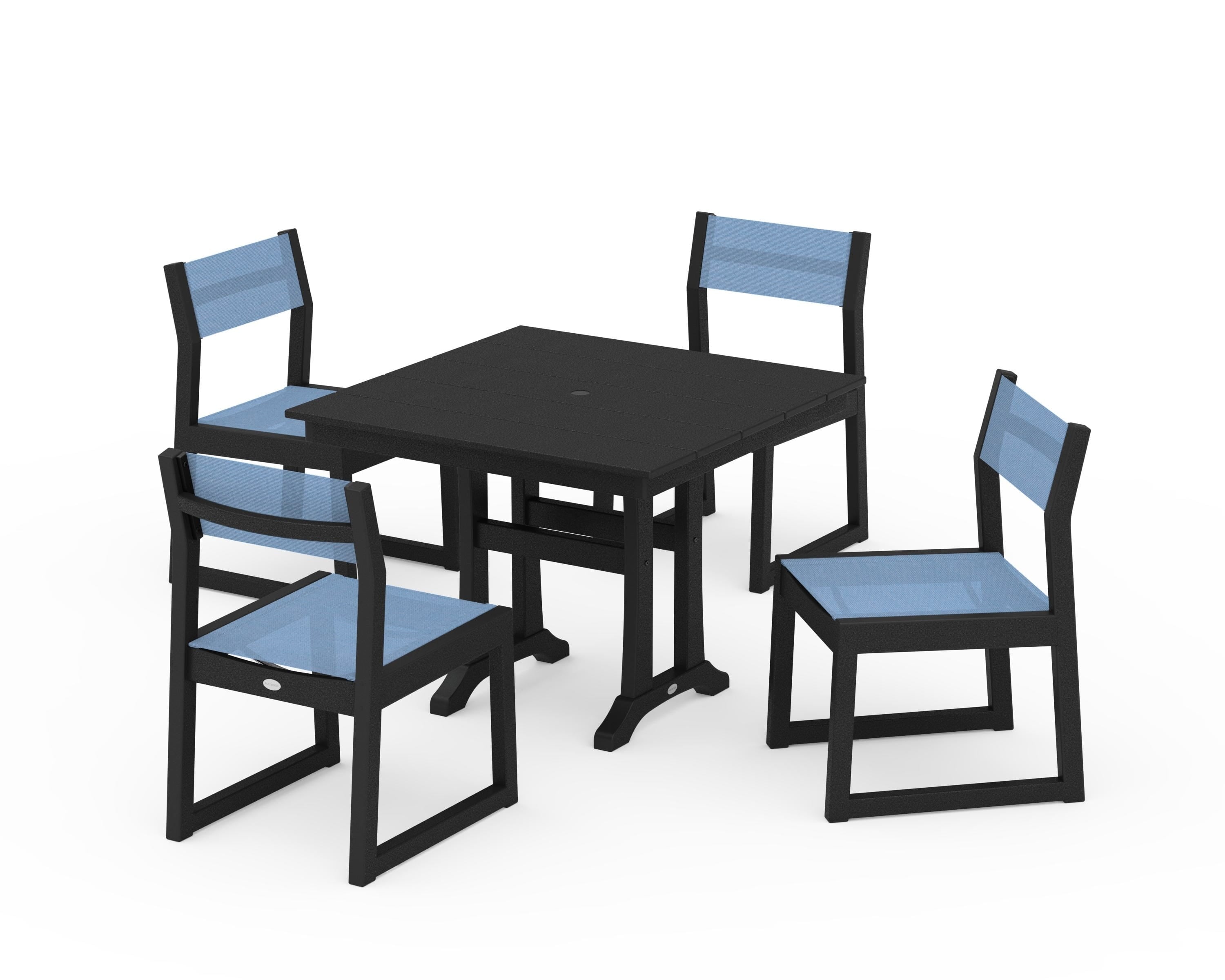 POLYWOOD® EDGE Sling 5-Piece Farmhouse Trestle Side Chair Dining Set in Black / Poolside Sling