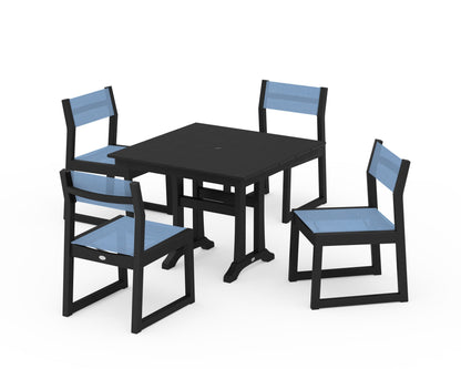 POLYWOOD® EDGE Sling 5-Piece Farmhouse Trestle Side Chair Dining Set in Black / Poolside Sling