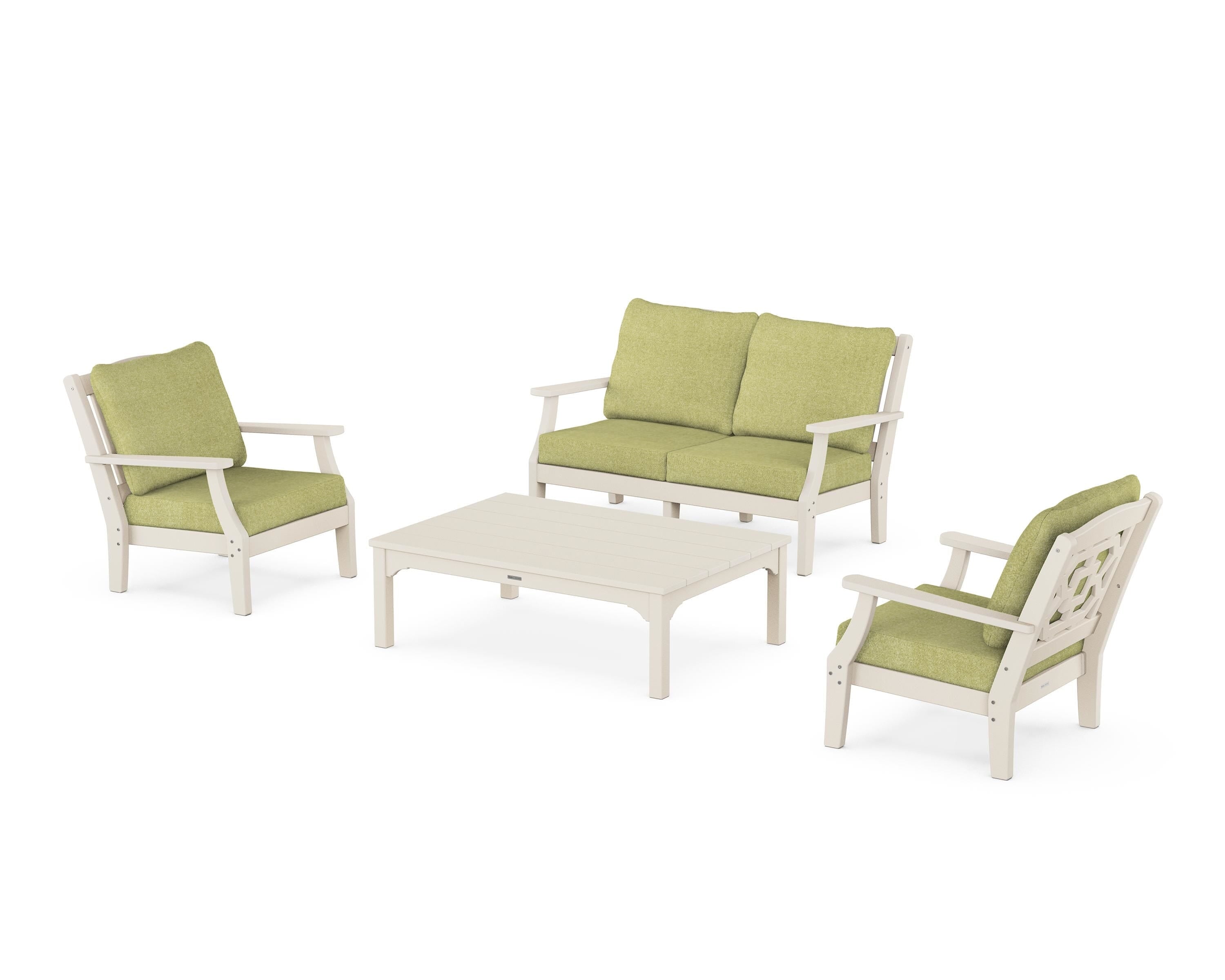 Martha Stewart by POLYWOOD® Chinoiserie 4-Piece Deep Seating Set with Loveseat in Sand / Chartreuse Boucle