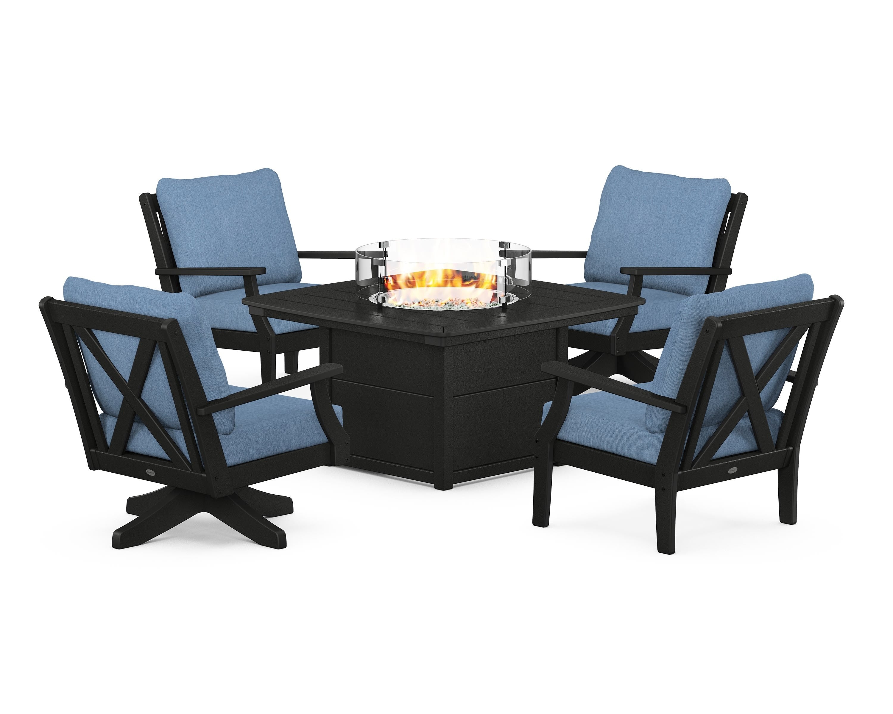 POLYWOOD® Braxton 5-Piece Deep Seating Set with Fire Table in Black / Sky Blue