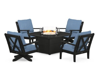 POLYWOOD® Braxton 5-Piece Deep Seating Set with Fire Table in Black / Sky Blue