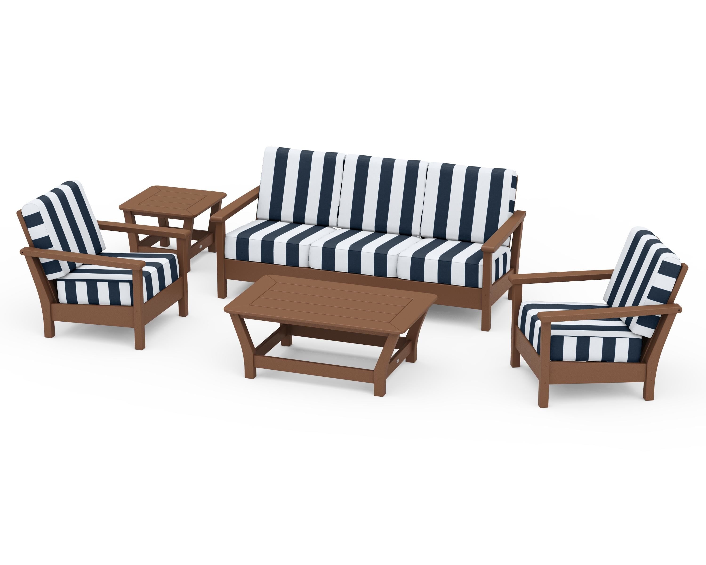POLYWOOD® Harbour 5-Piece Deep Seating Set in Teak / Cabana Stripe Marine Indigo
