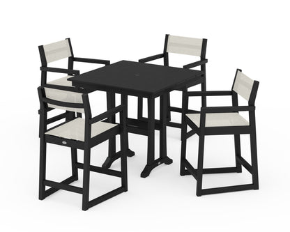 POLYWOOD® EDGE Sling Arm Chair 5-Piece Farmhouse Counter Set with Trestle Legs in Black / Parchment Sling