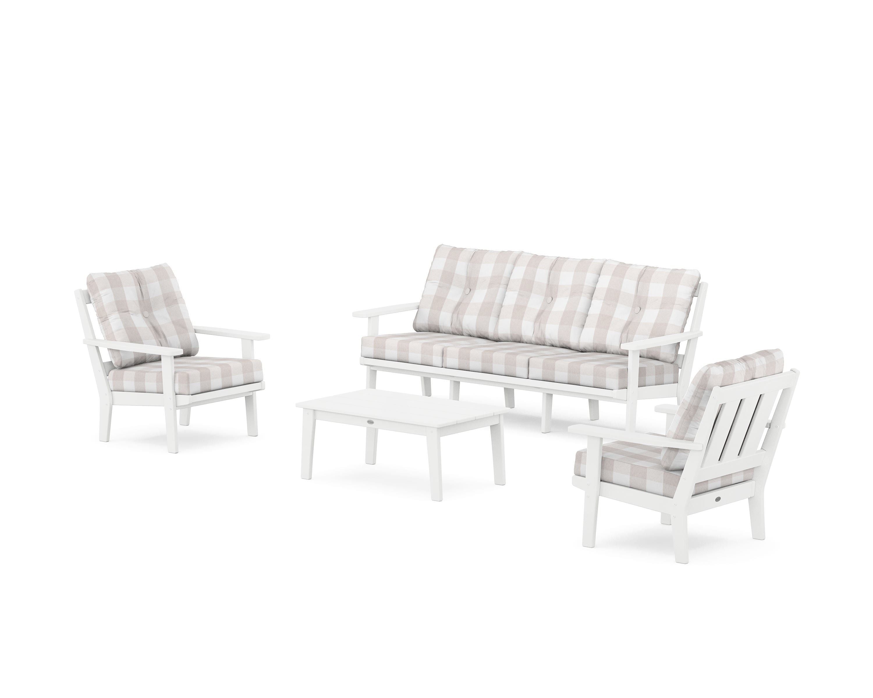 POLYWOOD® Oxford 4-Piece Deep Seating Set with Sofa in White / Buffalo Plaid Dune Burlap
