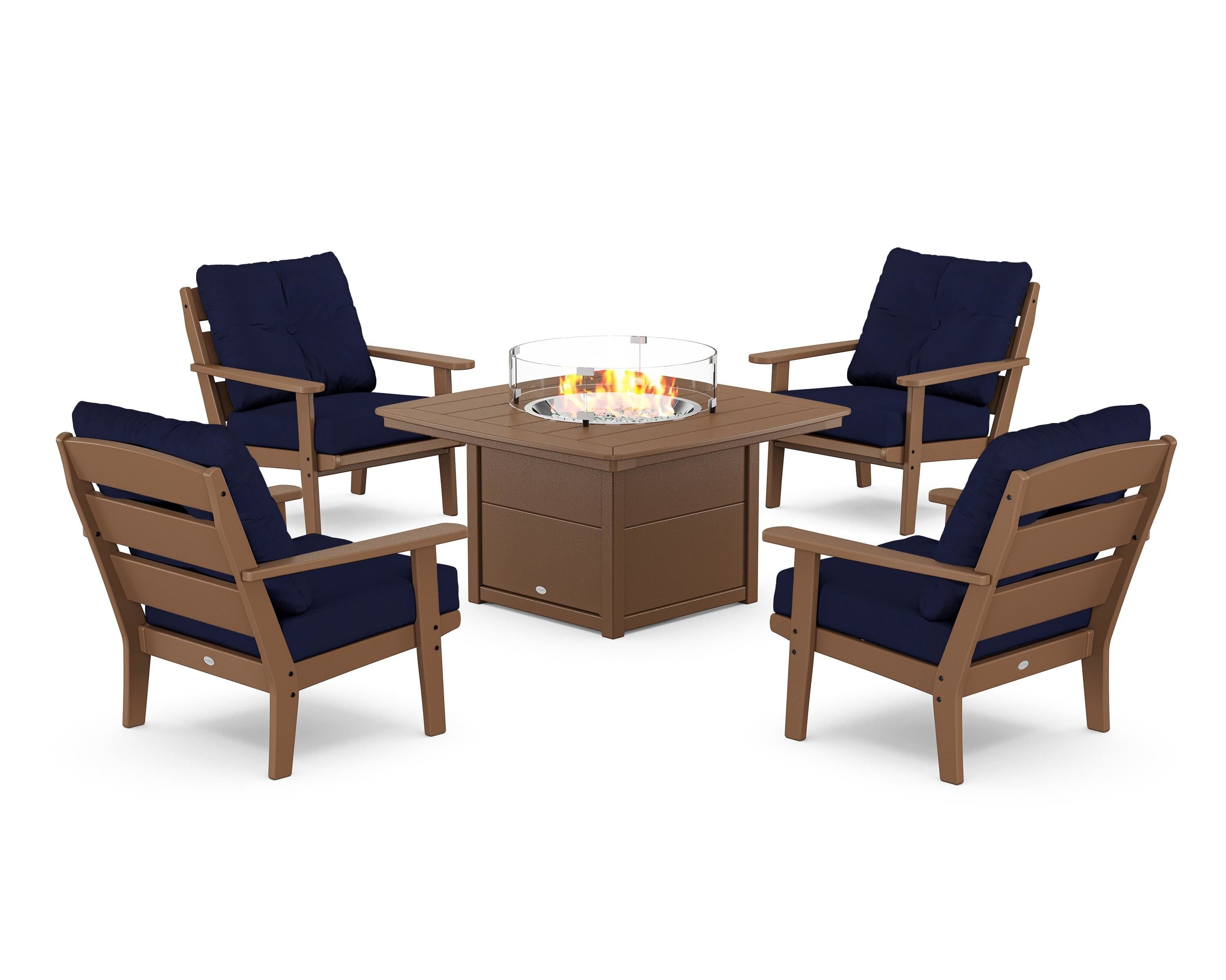 POLYWOOD® Lakeside 5-Piece Deep Seating Set with Nautical Fire Pit Table in Teak / Navy