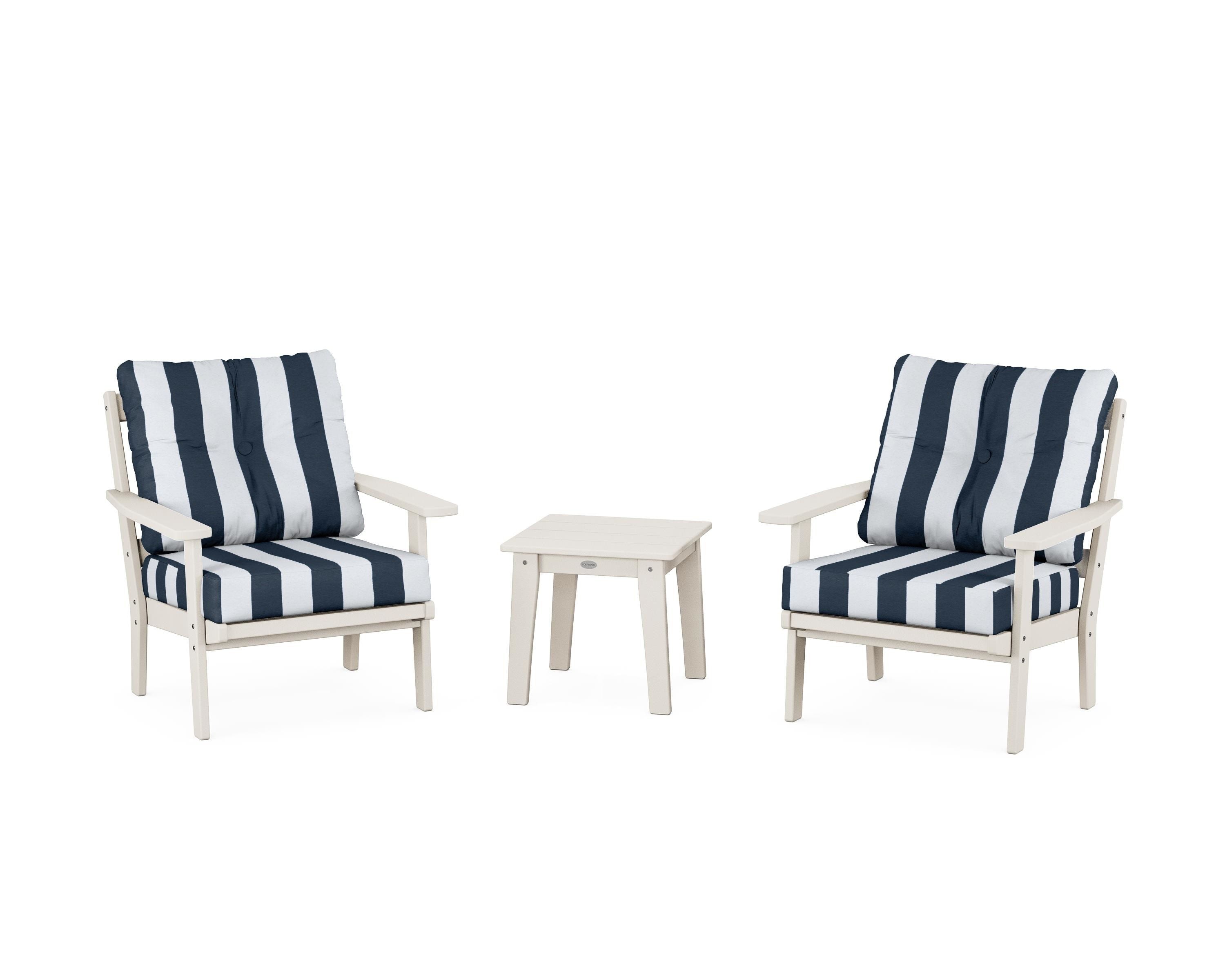 POLYWOOD® Oxford 3-Piece Deep Seating Set in Sand / Cabana Stripe Marine Indigo