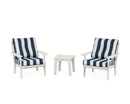 POLYWOOD® Oxford 3-Piece Deep Seating Set in Sand / Cabana Stripe Marine Indigo