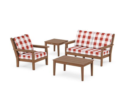 POLYWOOD® Chippendale 4-Piece Deep Seating Set in Teak / Buffalo Plaid Crimson