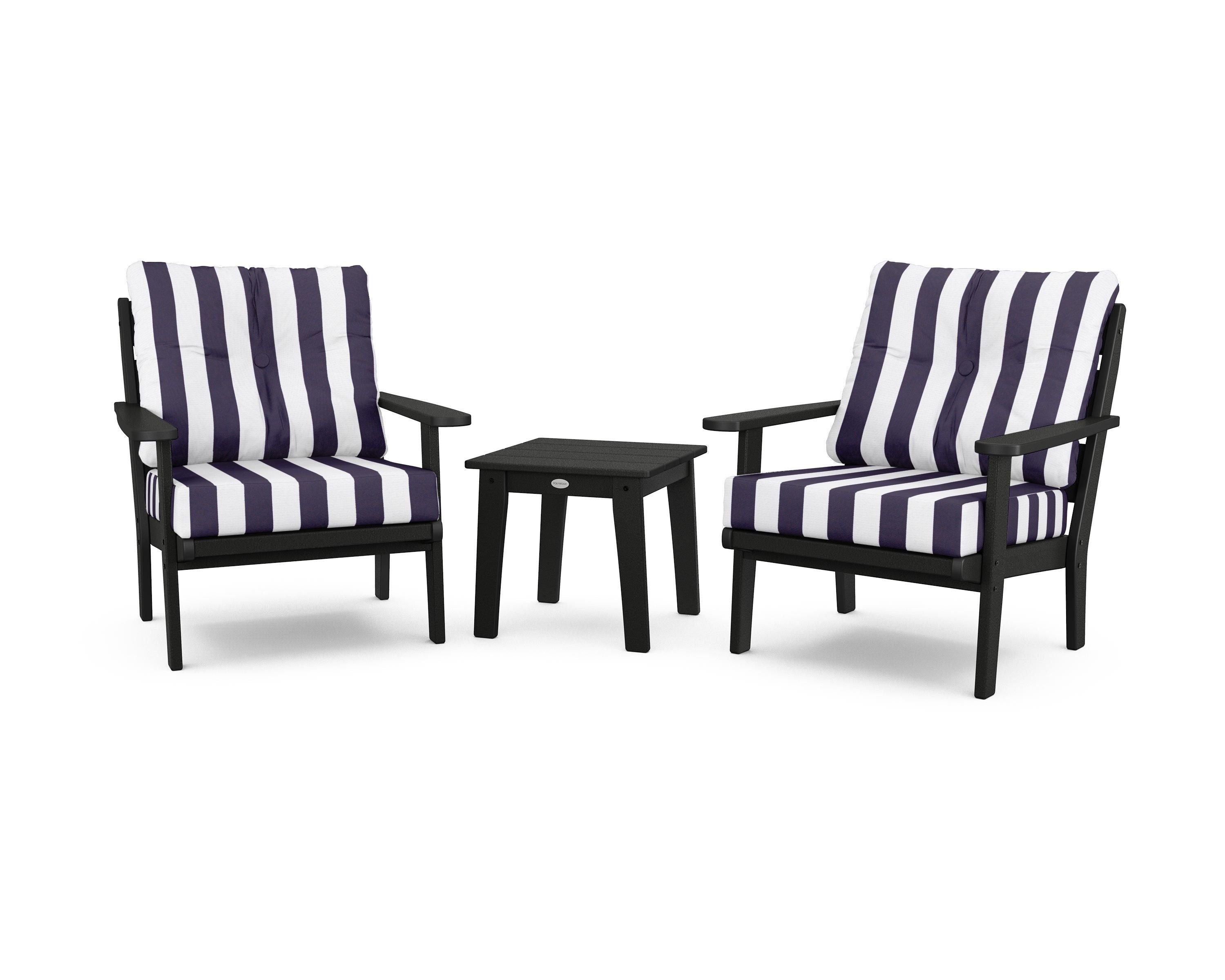 POLYWOOD® Lakeside 3-Piece Deep Seating Chair Set in Black / Cabana Stripe Navy