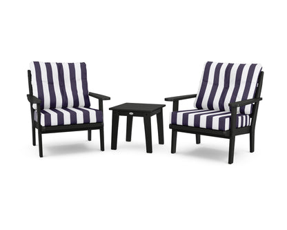 POLYWOOD® Lakeside 3-Piece Deep Seating Chair Set in Black / Cabana Stripe Navy