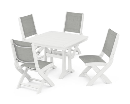 POLYWOOD® Coastal Folding Side Chair 5-Piece Dining Set with Trestle Legs in White / Metallic Sling