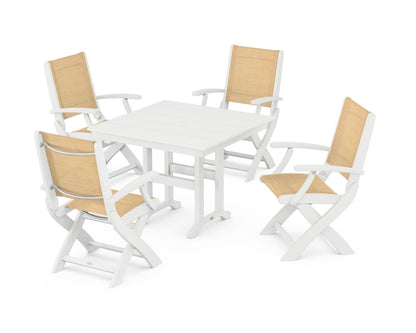 POLYWOOD® Coastal Folding Chair 5-Piece Farmhouse Dining Set in White / Dupioni Apricot Sling