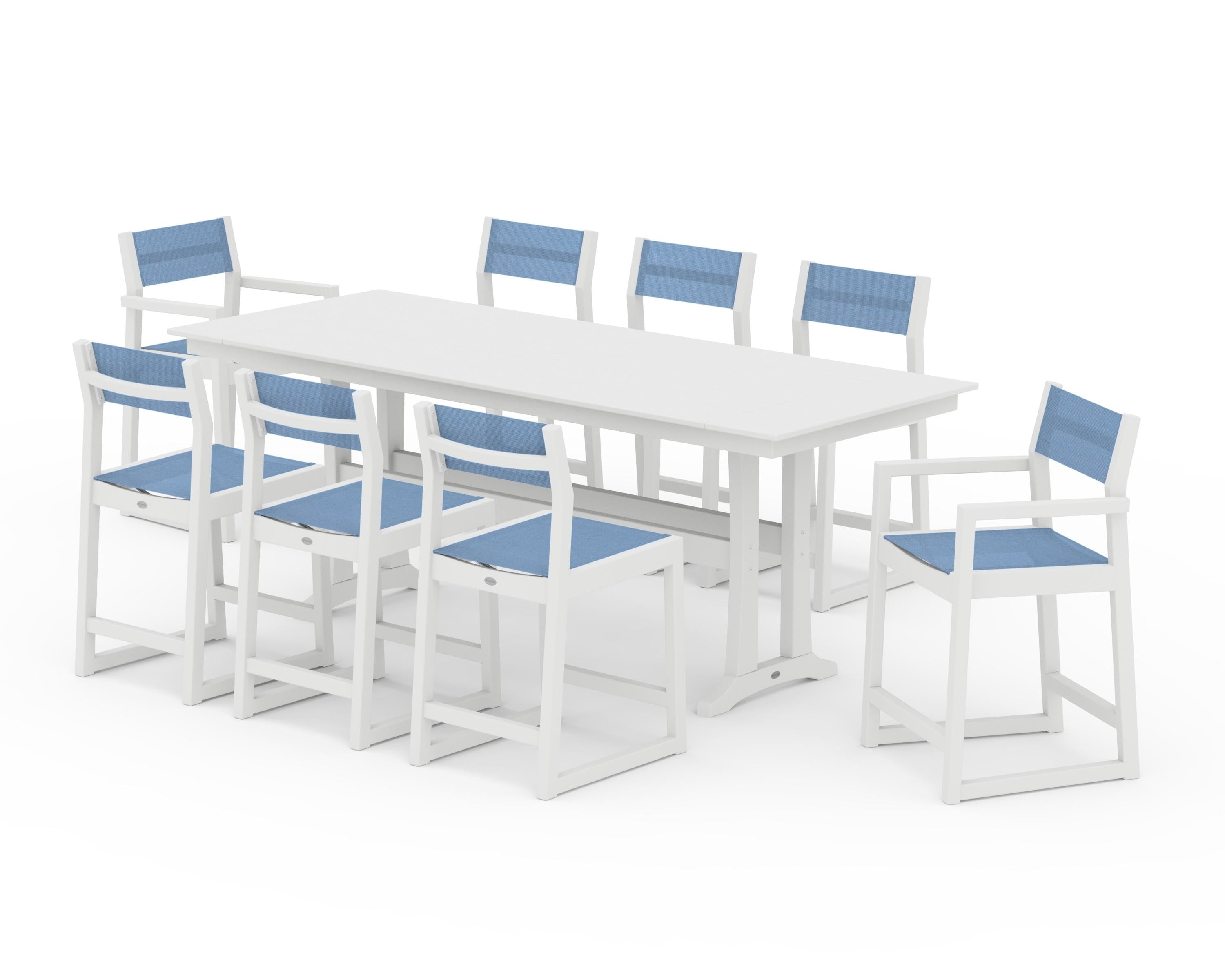 POLYWOOD® EDGE Sling 9-Piece Farmhouse Counter Set with Trestle Legs in White / Poolside Sling