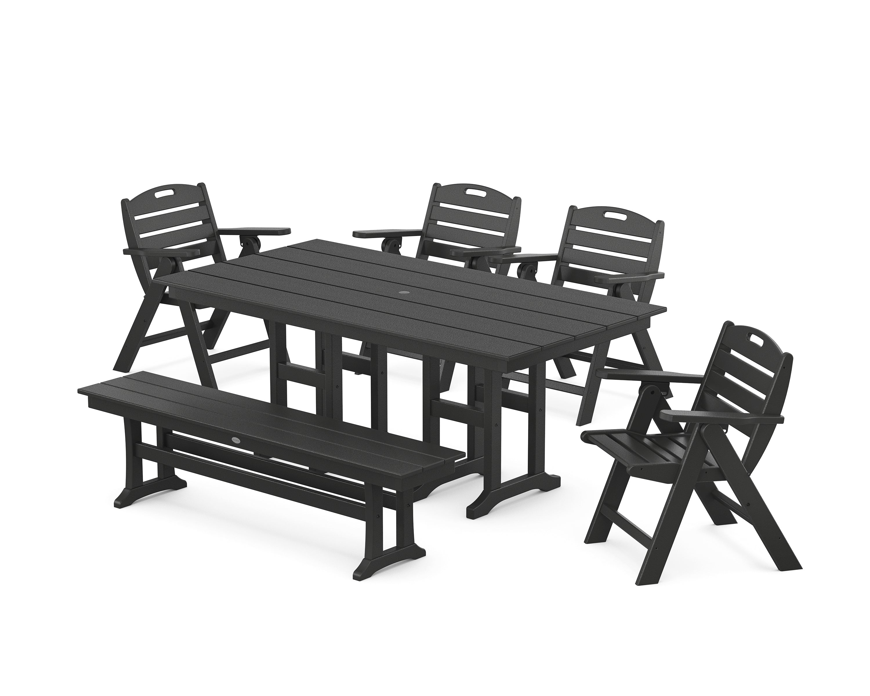 POLYWOOD® Nautical Lowback 6-Piece Farmhouse Dining Set with Bench in Black