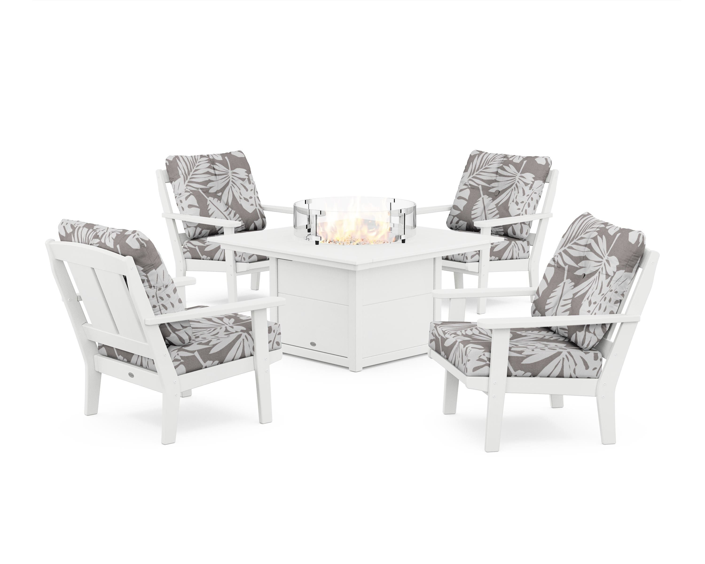 POLYWOOD® Mission 5-Piece Deep Seating Set with Fire Pit Table in White / Leaf Grey Mist