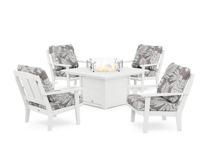 POLYWOOD® Mission 5-Piece Deep Seating Set with Fire Pit Table in White / Leaf Grey Mist