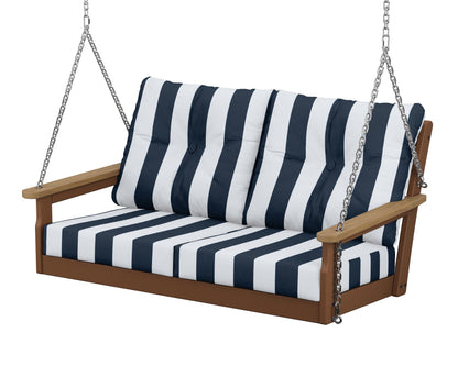 POLYWOOD® Vineyard Deep Seating Swing in Teak / Natural / Cabana Stripe Marine Indigo