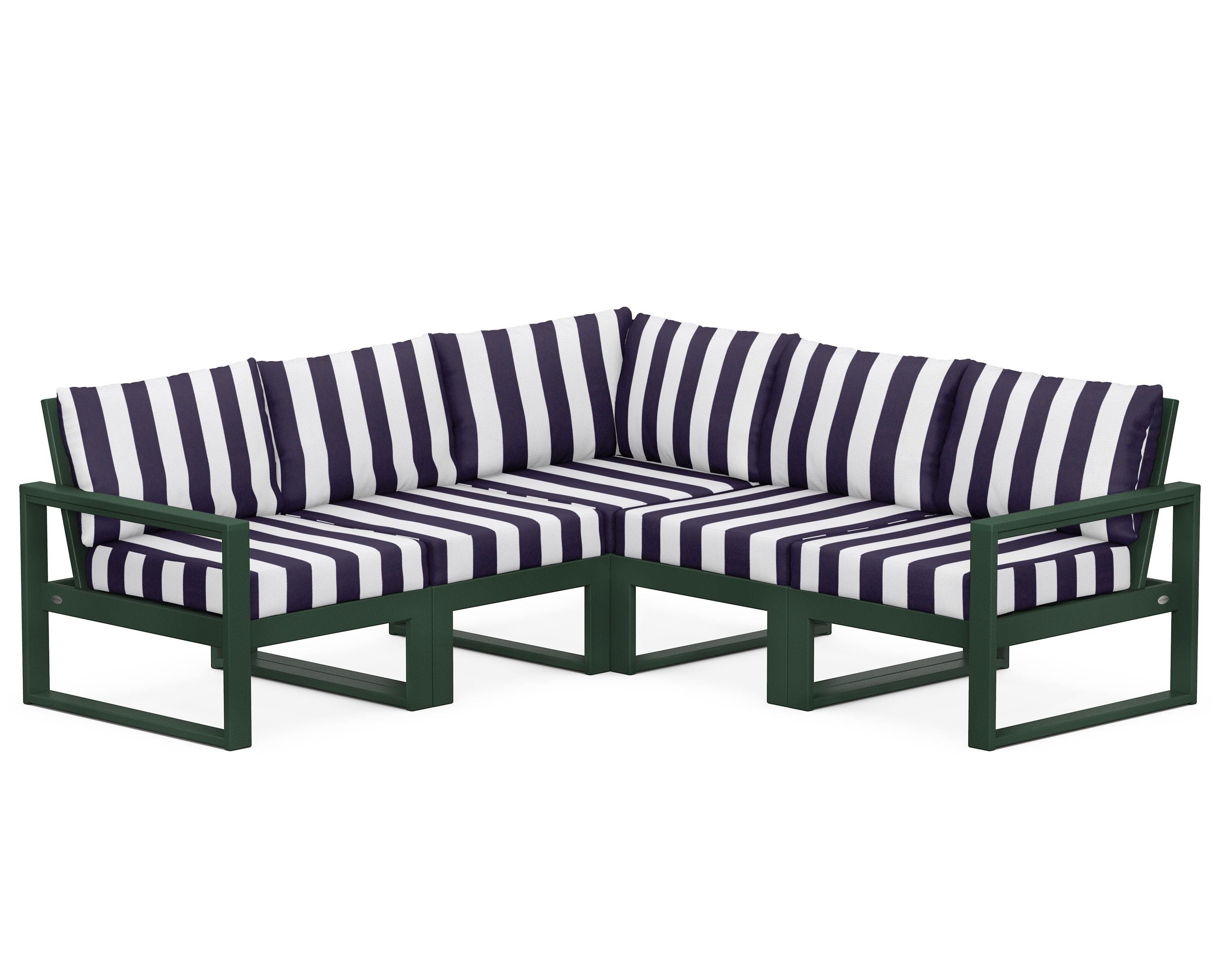 POLYWOOD® EDGE 5-Piece Modular Deep Seating Set in Green / Cabana Stripe Navy