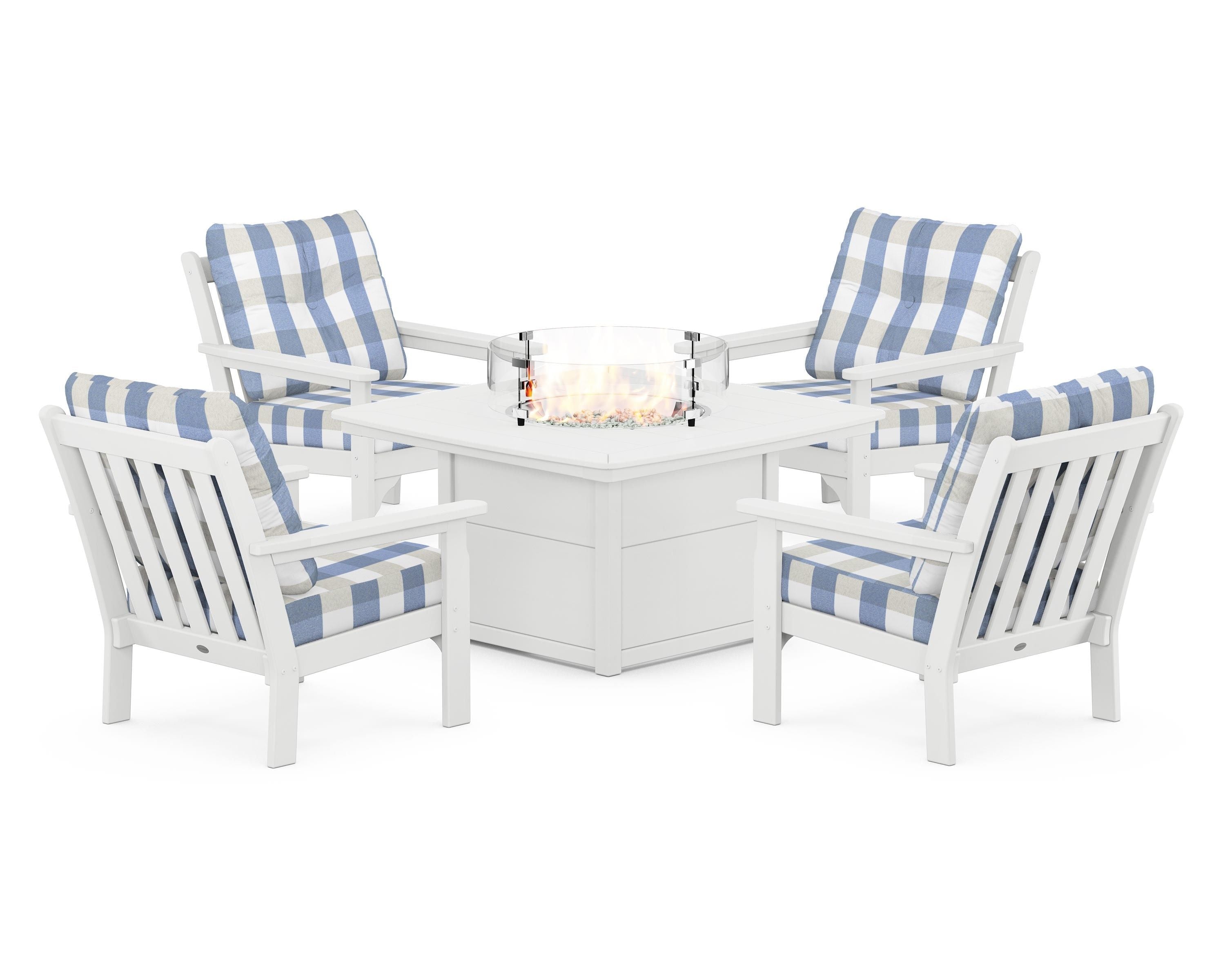 POLYWOOD® Vineyard 5-Piece Conversation Set with Fire Pit Table in White / Buffalo Plaid Sky Blue