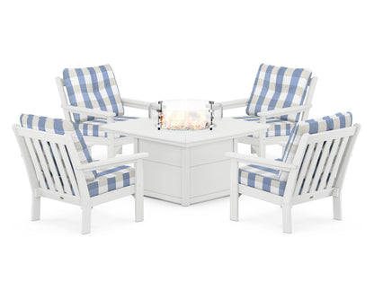 POLYWOOD® Vineyard 5-Piece Conversation Set with Fire Pit Table in White / Buffalo Plaid Sky Blue