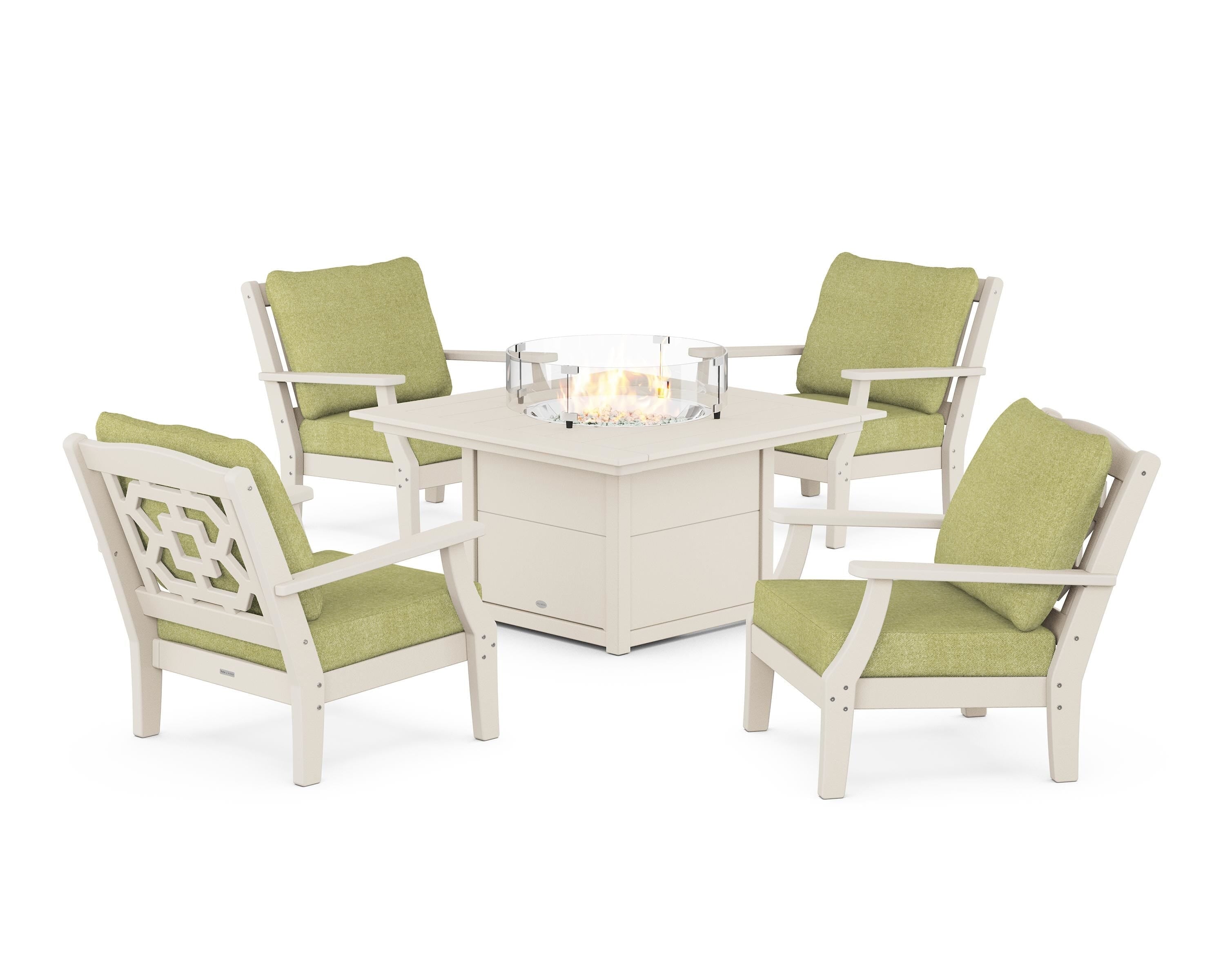 Martha Stewart by POLYWOOD® Chinoiserie 5-Piece Deep Seating Set with Fire Pit Table in Sand / Chartreuse Boucle