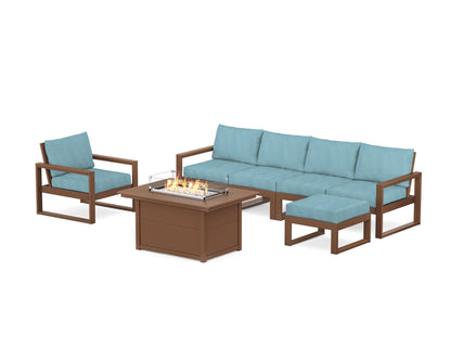 POLYWOOD® EDGE Sectional Lounge and Fire Pit Set in Teak / Lattice Sky Blue