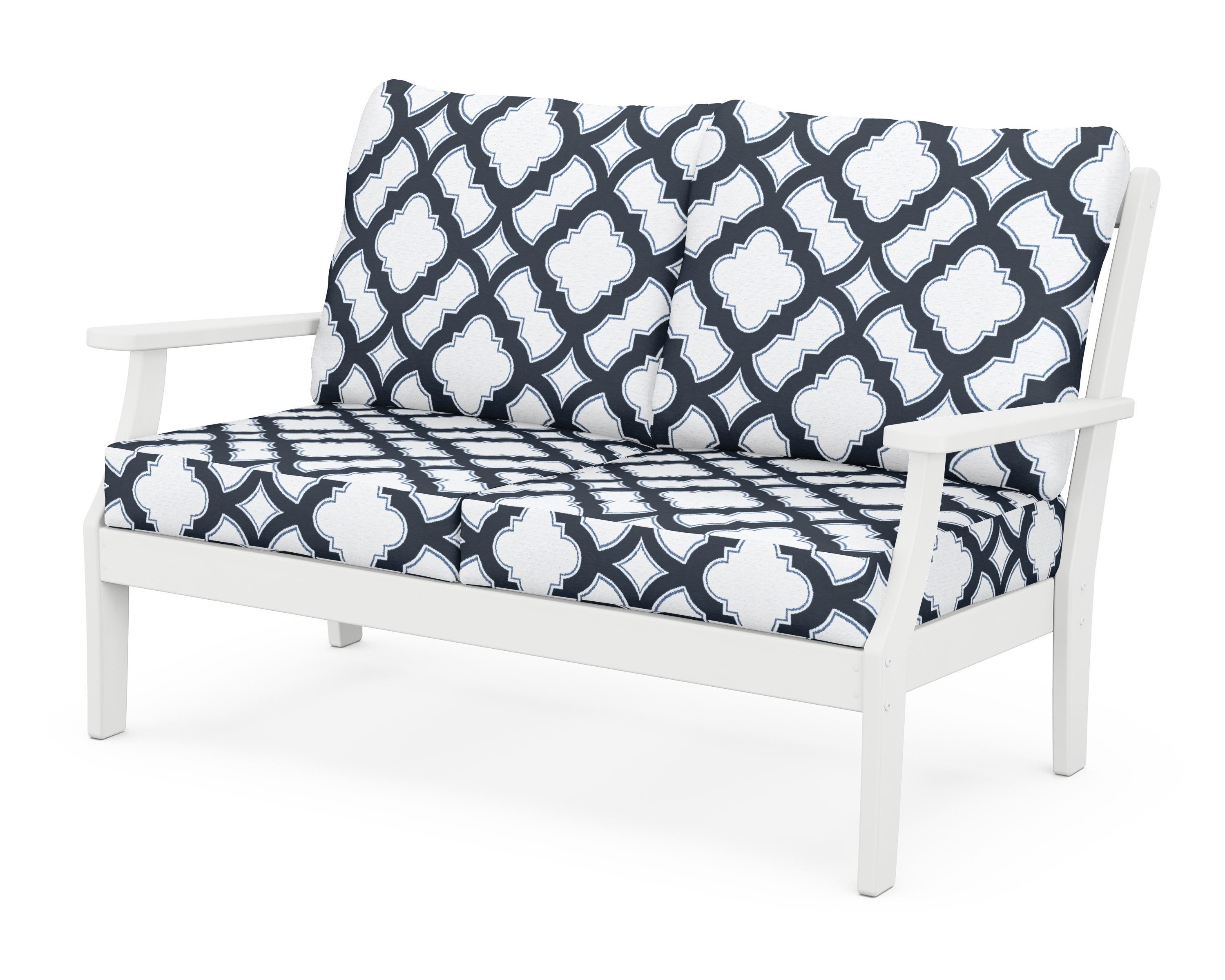 POLYWOOD® Braxton Deep Seating Loveseat in White / Trellis Marine Indigo