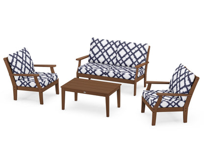 POLYWOOD® Braxton 4-Piece Deep Seating Chair Set in Teak / Trellis Navy