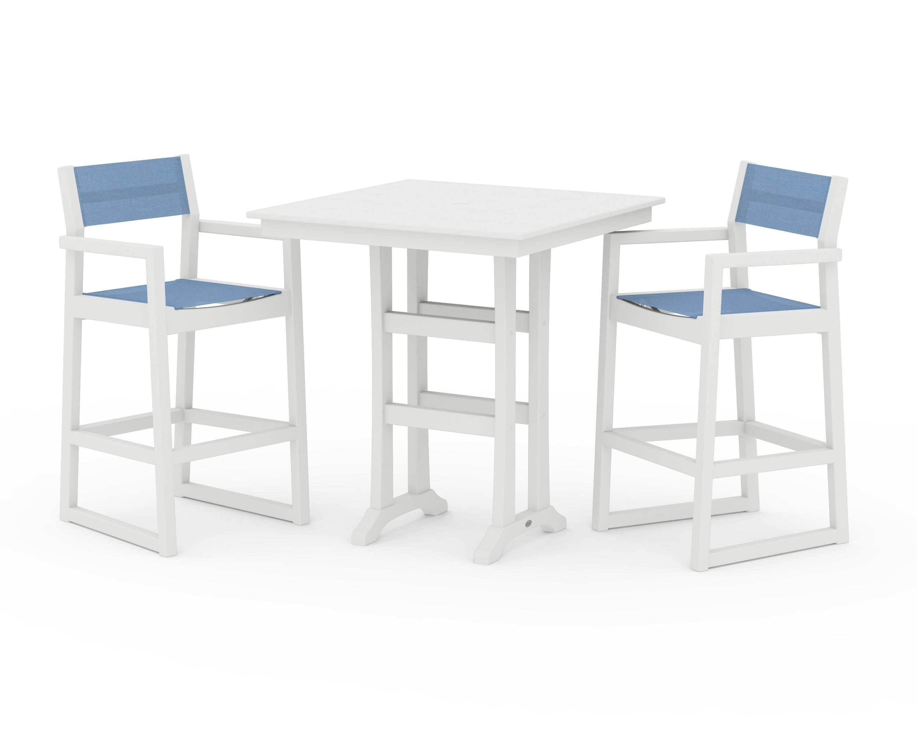 POLYWOOD® EDGE Sling Arm Chair 3-Piece Farmhouse Bar Set with Trestle Legs in White / Poolside Sling