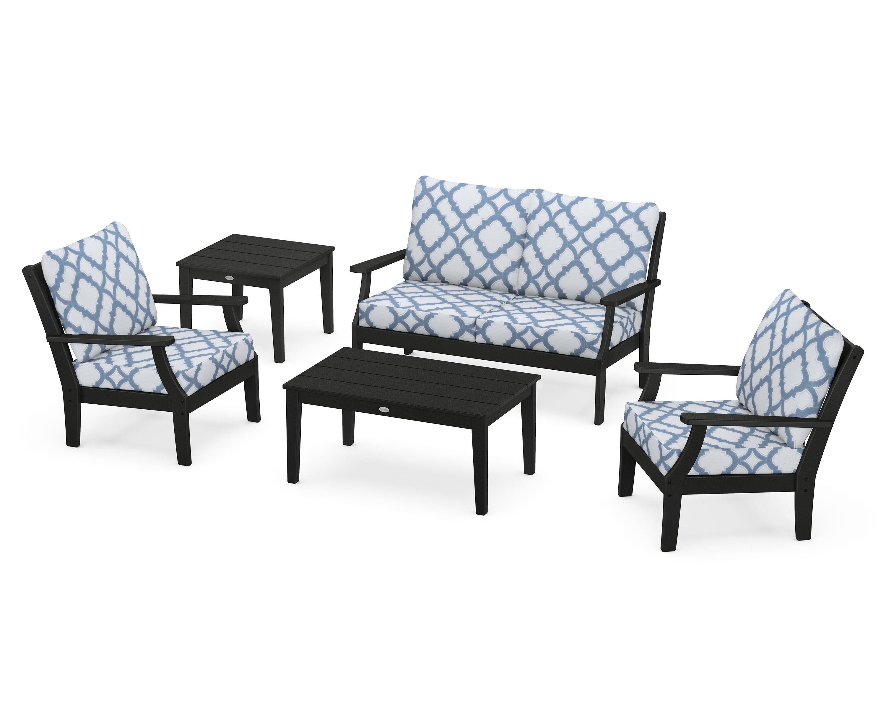 POLYWOOD® Braxton 5-Piece Deep Seating Set in Black / Trellis Sky Blue