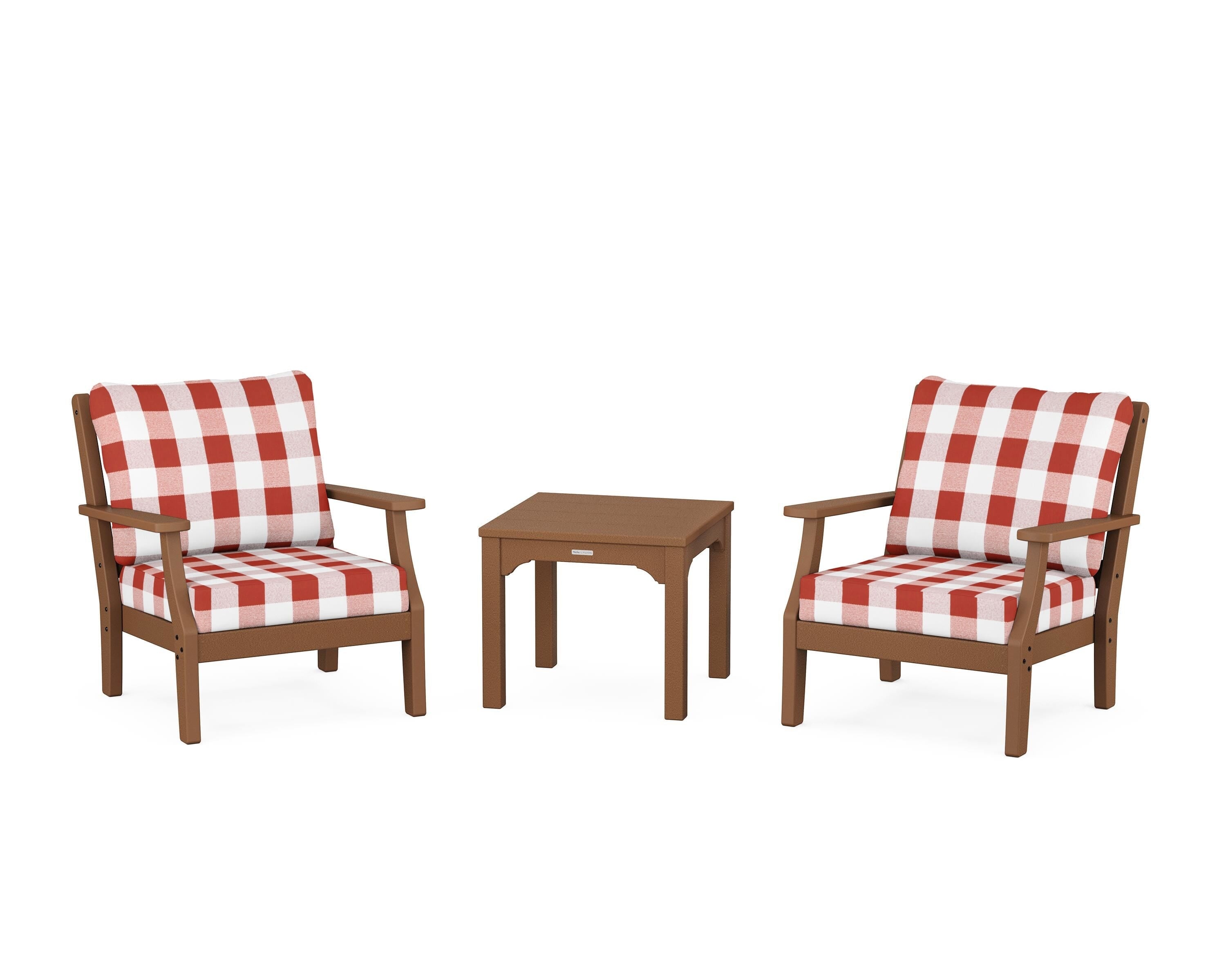 Martha Stewart by POLYWOOD® Chinoiserie 3-Piece Deep Seating Set in Teak / Buffalo Plaid Crimson