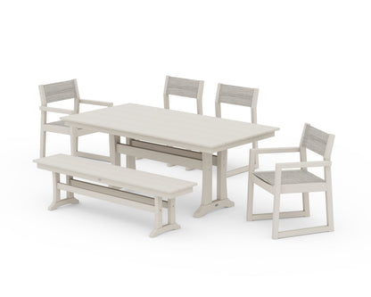 POLYWOOD® EDGE Sling 6-Piece Farmhouse Dining Set With Trestle Legs in Sand / Birch Sling