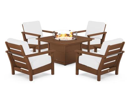 POLYWOOD® Harbour 5-Piece Conversation Set with Fire Pit Table in Teak / Natural
