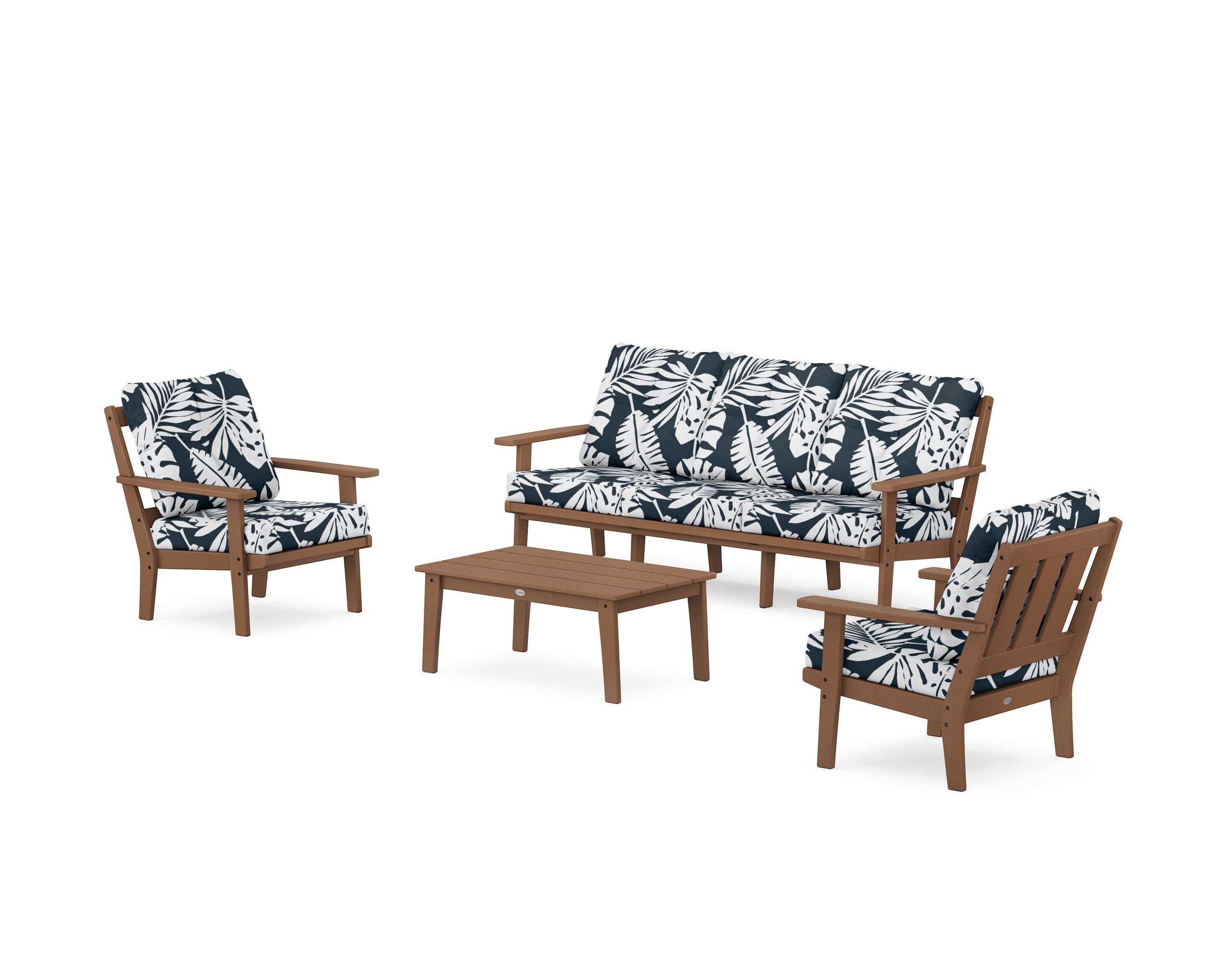 POLYWOOD® Oxford 4-Piece Deep Seating Set with Sofa in Teak / Leaf Marine Indigo