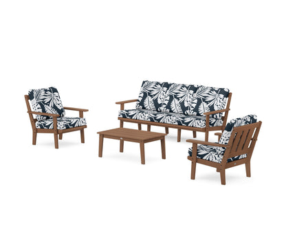POLYWOOD® Oxford 4-Piece Deep Seating Set with Sofa in Teak / Leaf Marine Indigo