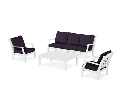 Martha Stewart by POLYWOOD® Chinoiserie 4-Piece Deep Seating Set with Sofa in White / Navy Linen