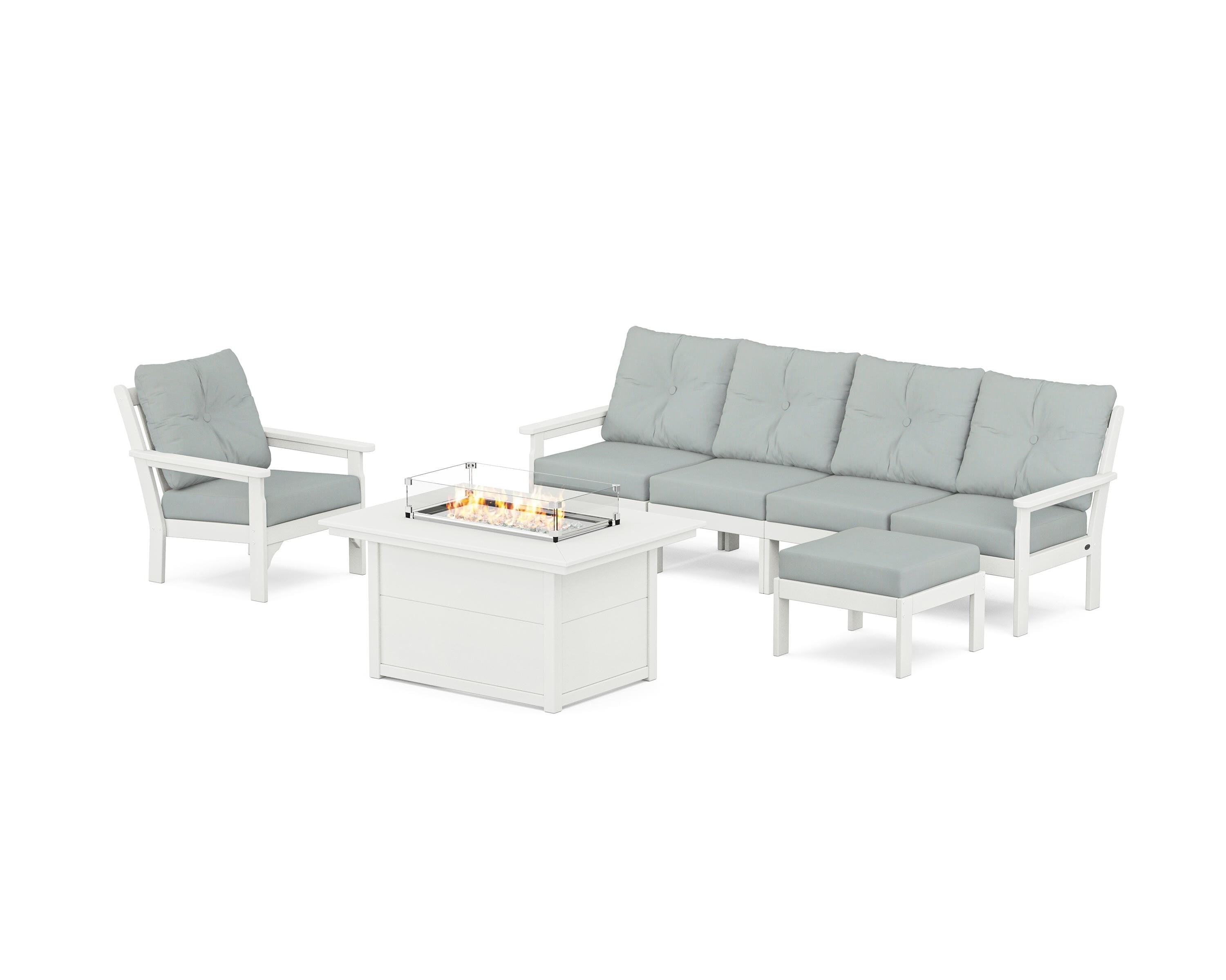 POLYWOOD® Vineyard Sectional Lounge and Fire Pit Set in Vintage White / Spa