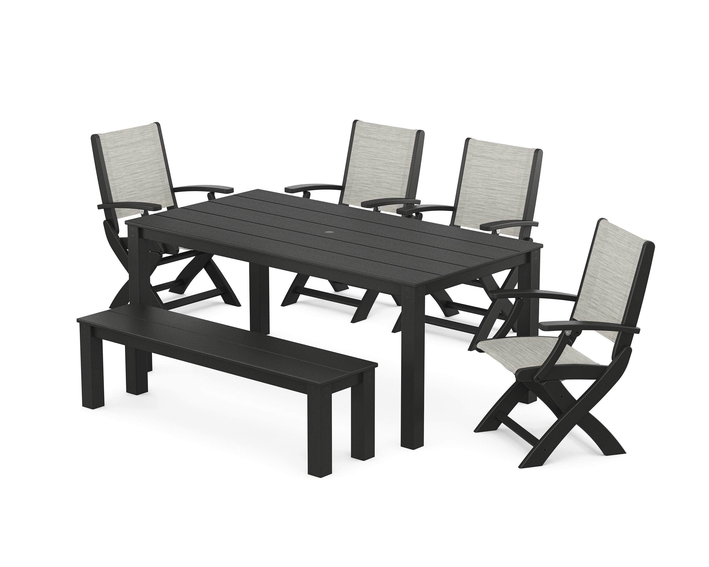 POLYWOOD® Coastal Folding Chair 6-Piece Parsons Dining Set with Bench in Black / Birch Sling