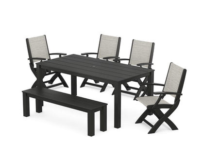 POLYWOOD® Coastal Folding Chair 6-Piece Parsons Dining Set with Bench in Black / Birch Sling